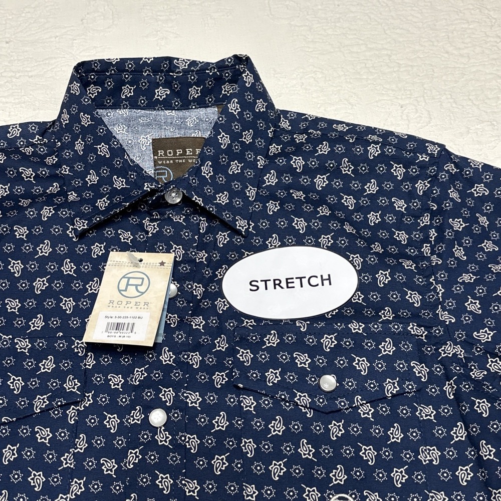 Roper Boy's M (8-10) Long Sleeve Stretch Paisley Print Snap Shirt Blue